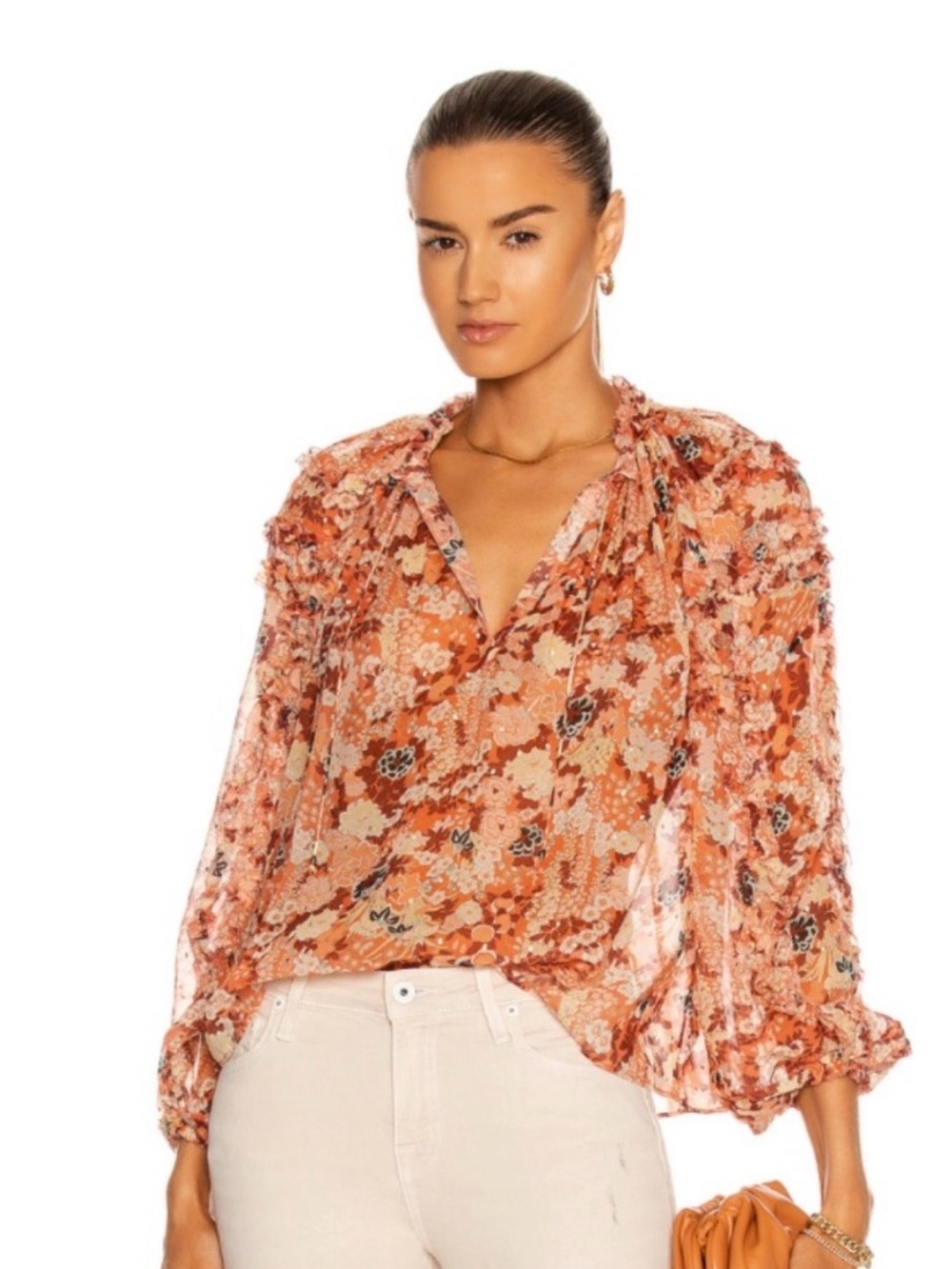 Ulla Johnson Shimmer Coral and Cream Adela Silk blouse